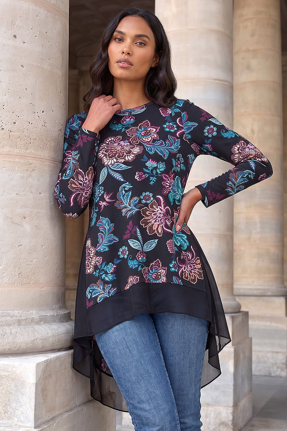 Roman Women's Black Floral Puff Print Chiffon Godet Hem Top Size 20