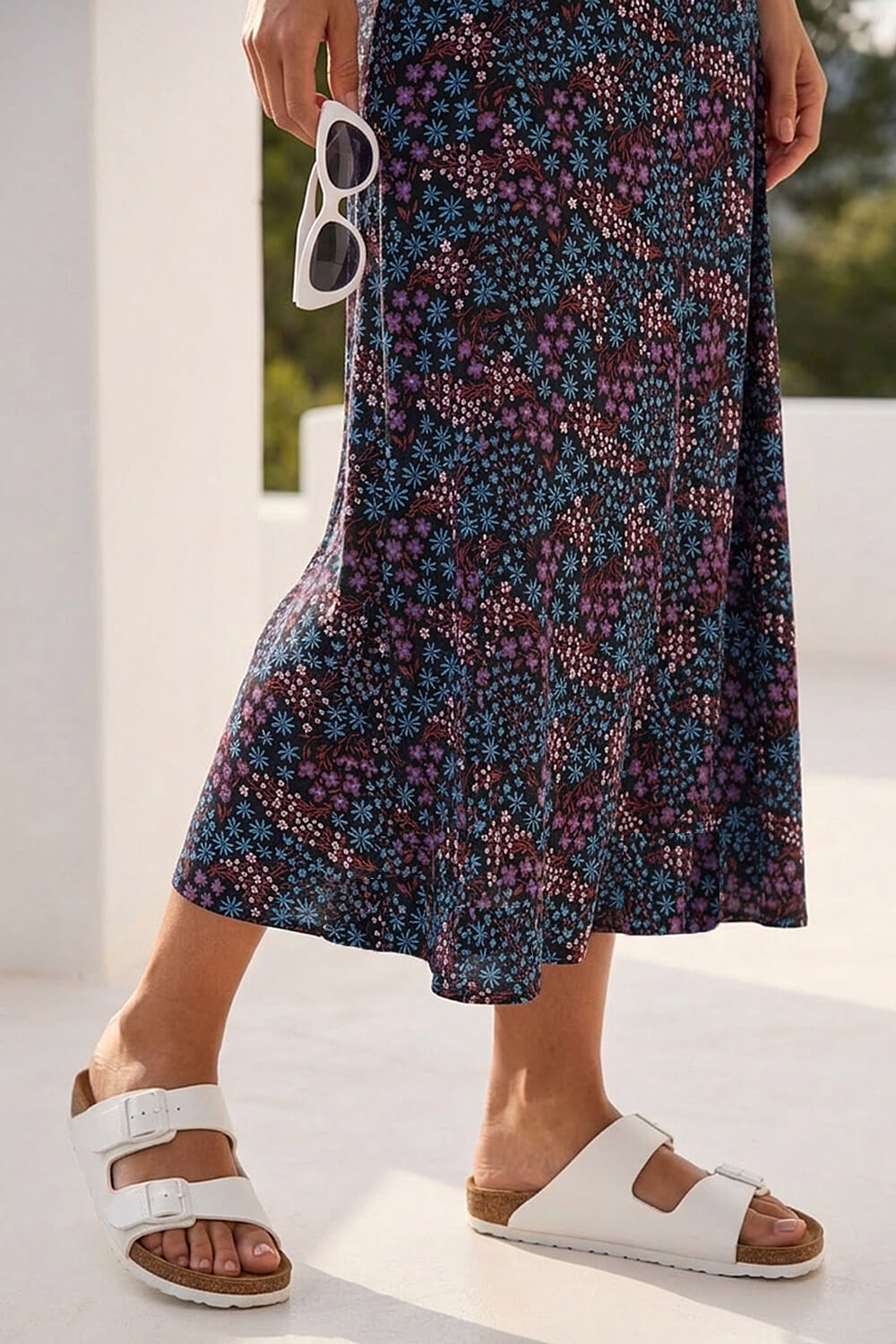 Purple Ditsy Floral Print Midi Skirt, Image 5 of 4
