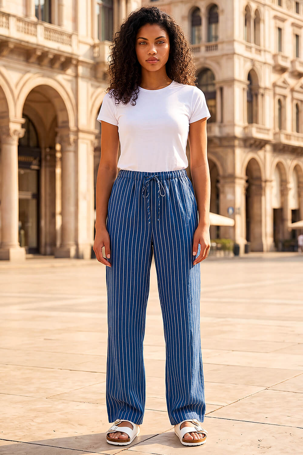 Blue Petite Stripe Pull On Stretch Trouser, Image 3 of 4