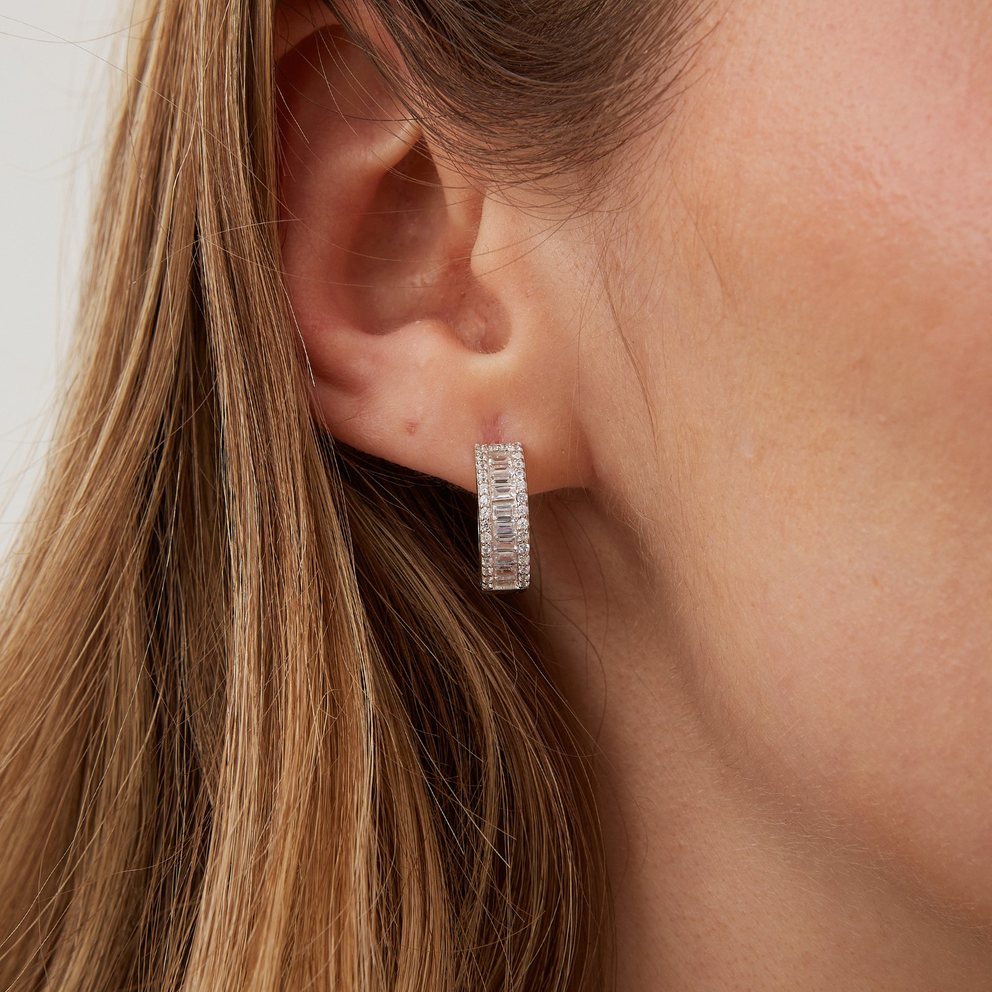 Silver Baguette Cubic Zirconia Sterling Silver Pave Hoop Earring, Image 3 of 6
