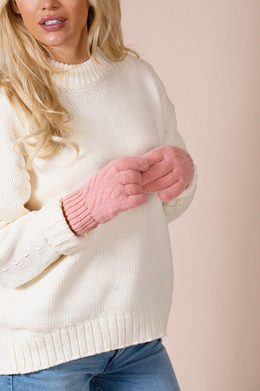 Pink SVNX Pink Touch Screen Cable Knit Gloves - Fleece Lined, Image 3 of 4