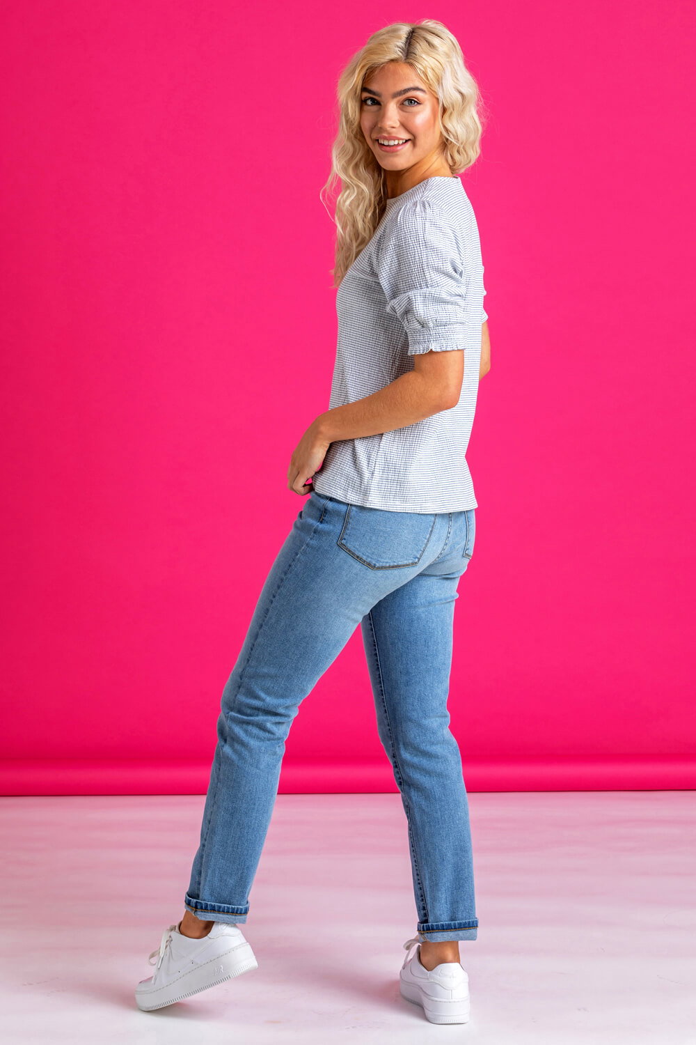 Blue Ribbed Shirred Cuff Top, Image 3 of 5