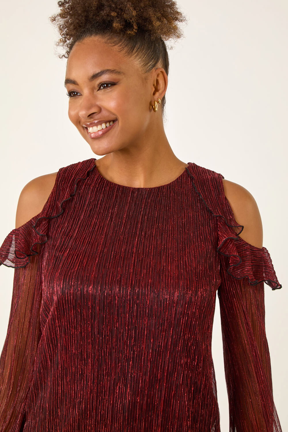 Red Shimmer Plisse Cold Shoulder Top, Image 5 of 5