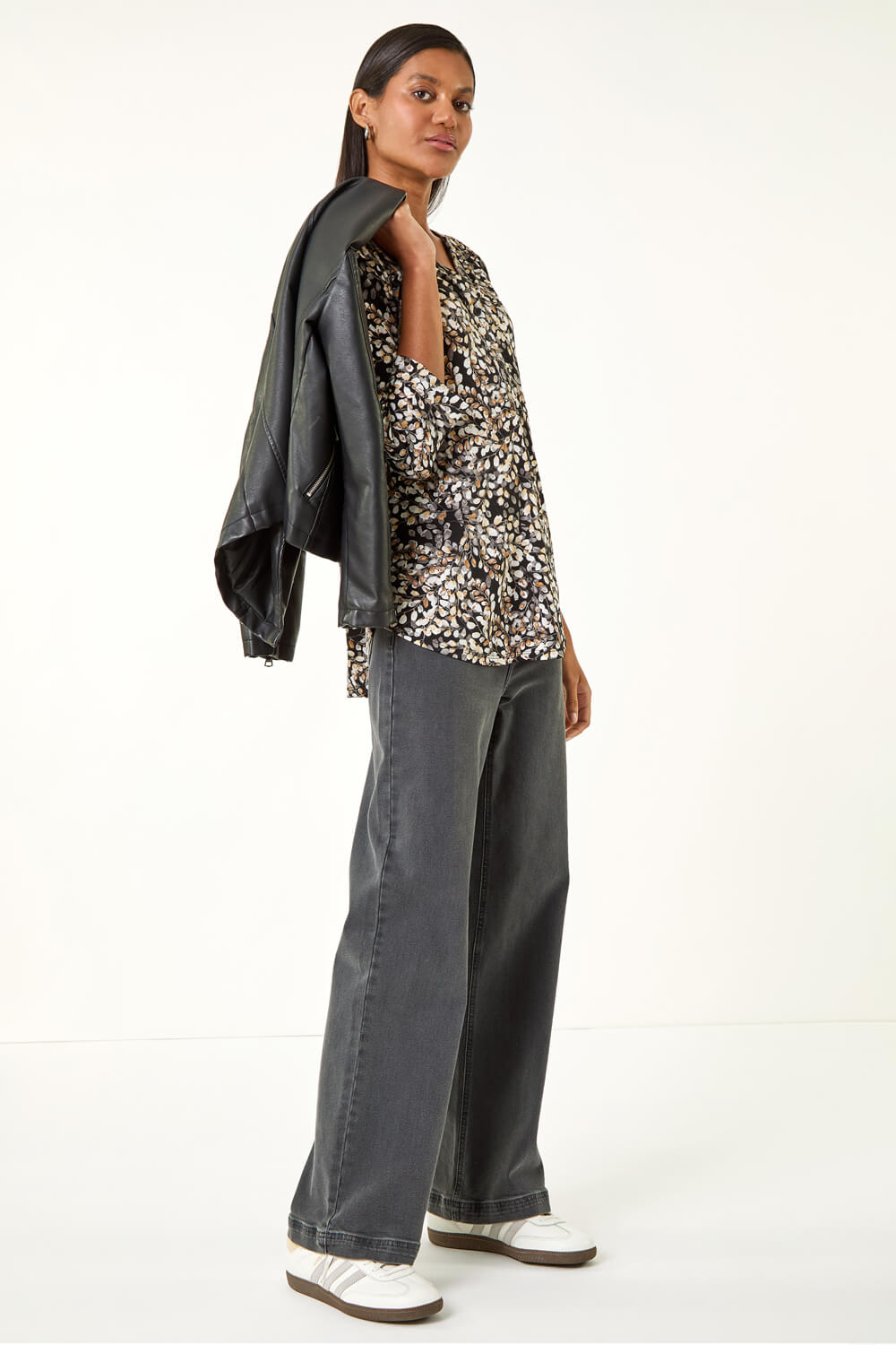 Beige Floral Puff Print Stretch Top , Image 3 of 5