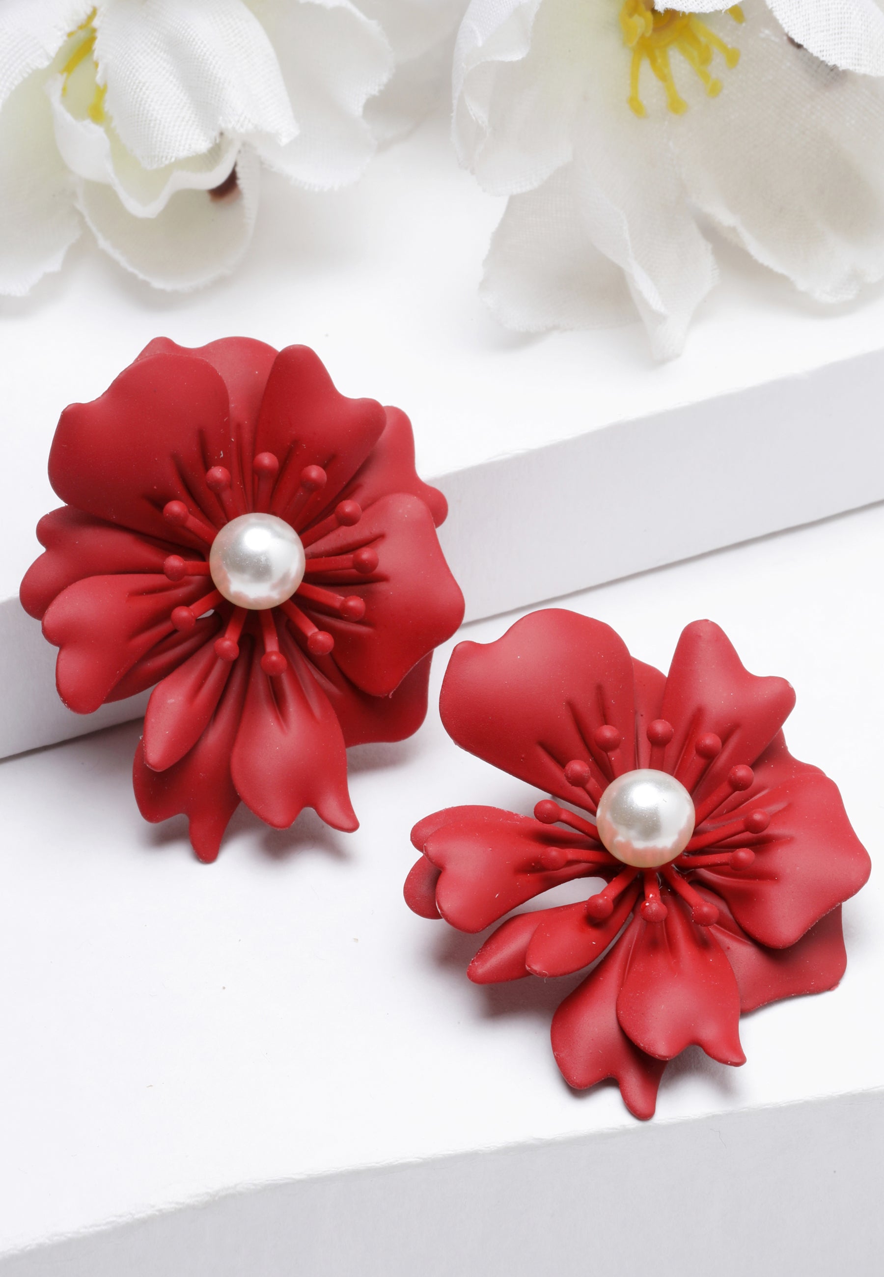 Red AVANT-GARDE PARIS Red Floral Pearl Stud Earrings In Light Pink, Image 2 of 5