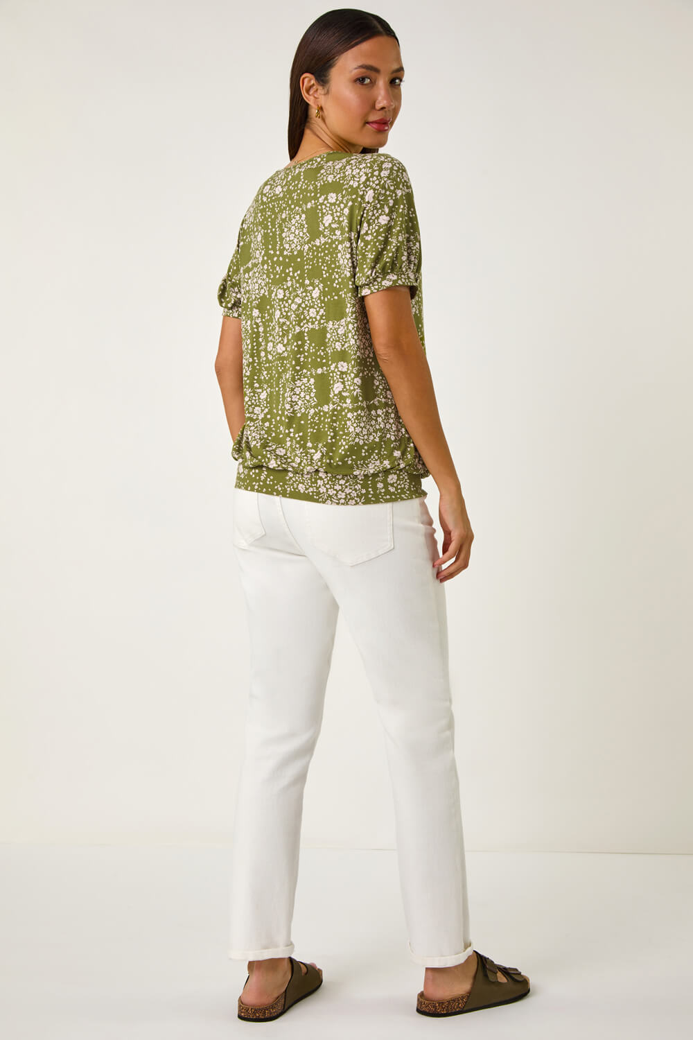 KHAKI Floral Print Bubble Hem Top, Image 4 of 5