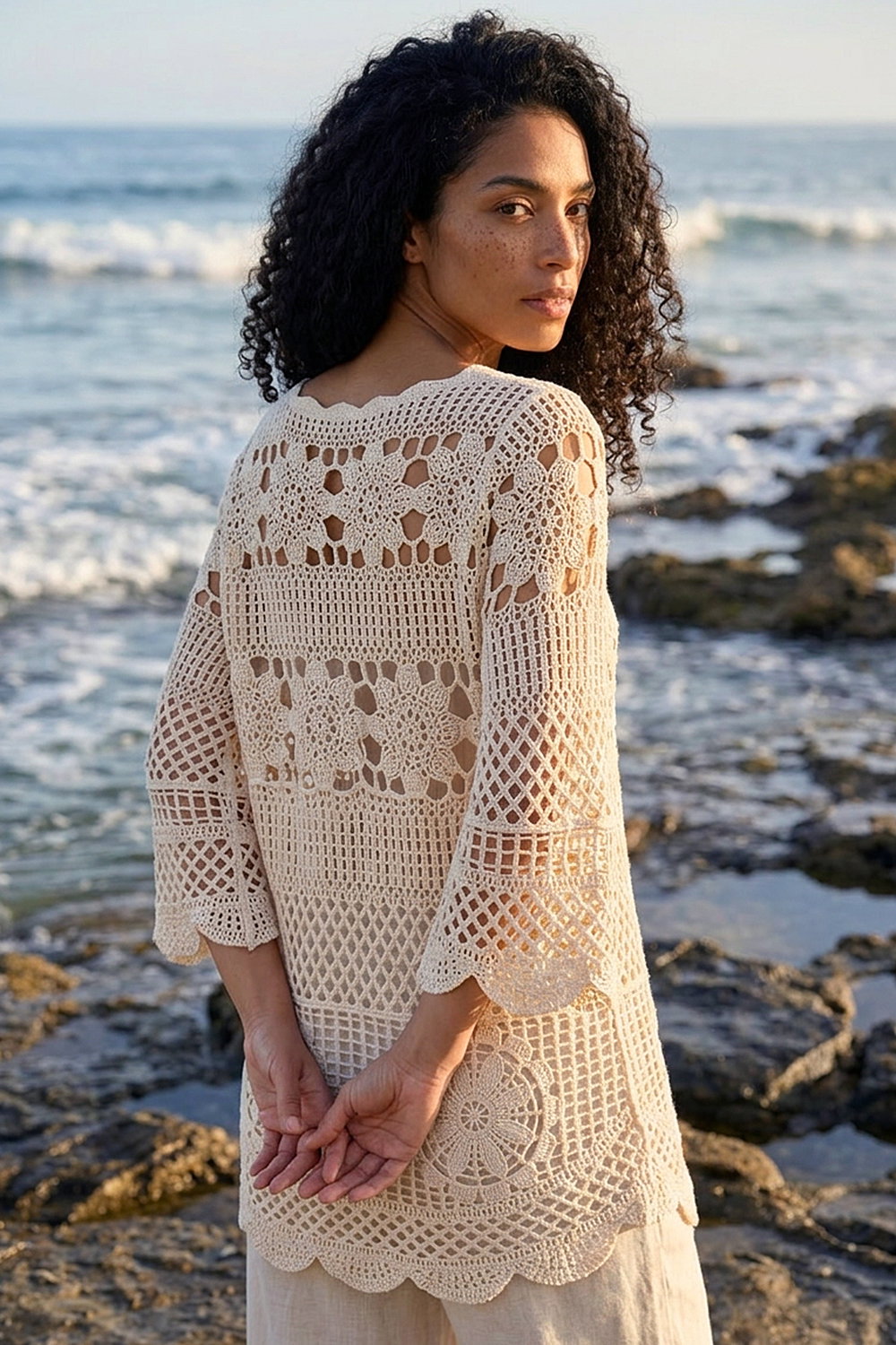 Natural Floral Crochet Tunic Top, Image 4 of 4