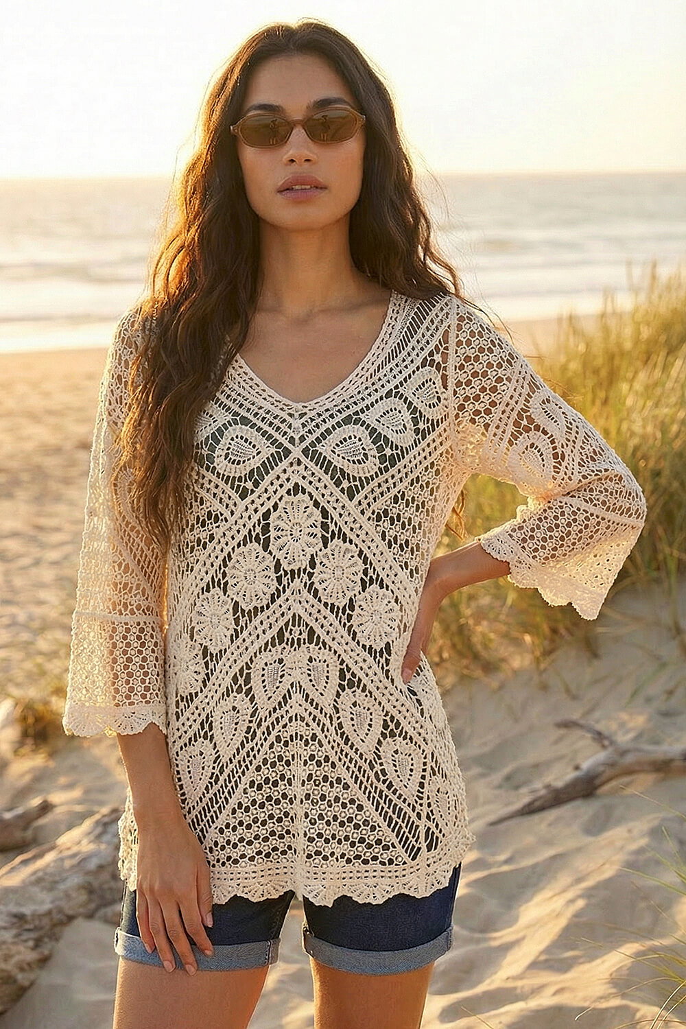 Cream Crochet Lace V-Neck Open Knit, Image 3 of 4