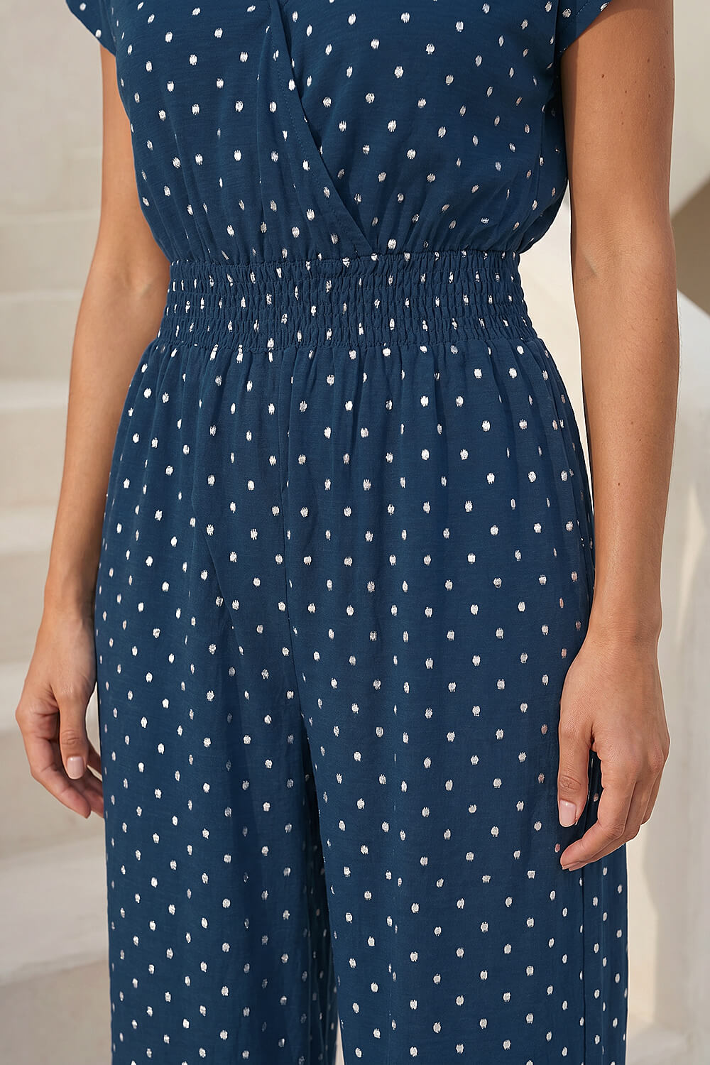 Navy Metallic Foil Print Stretch Jumpsuit, Image 5 of 4
