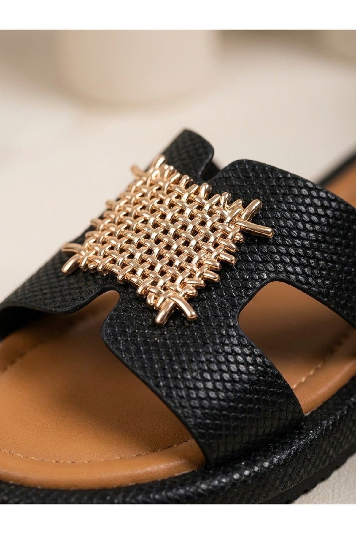 Black iKrush Black Amber Gold Woven Buckle Slides, Image 2 of 6