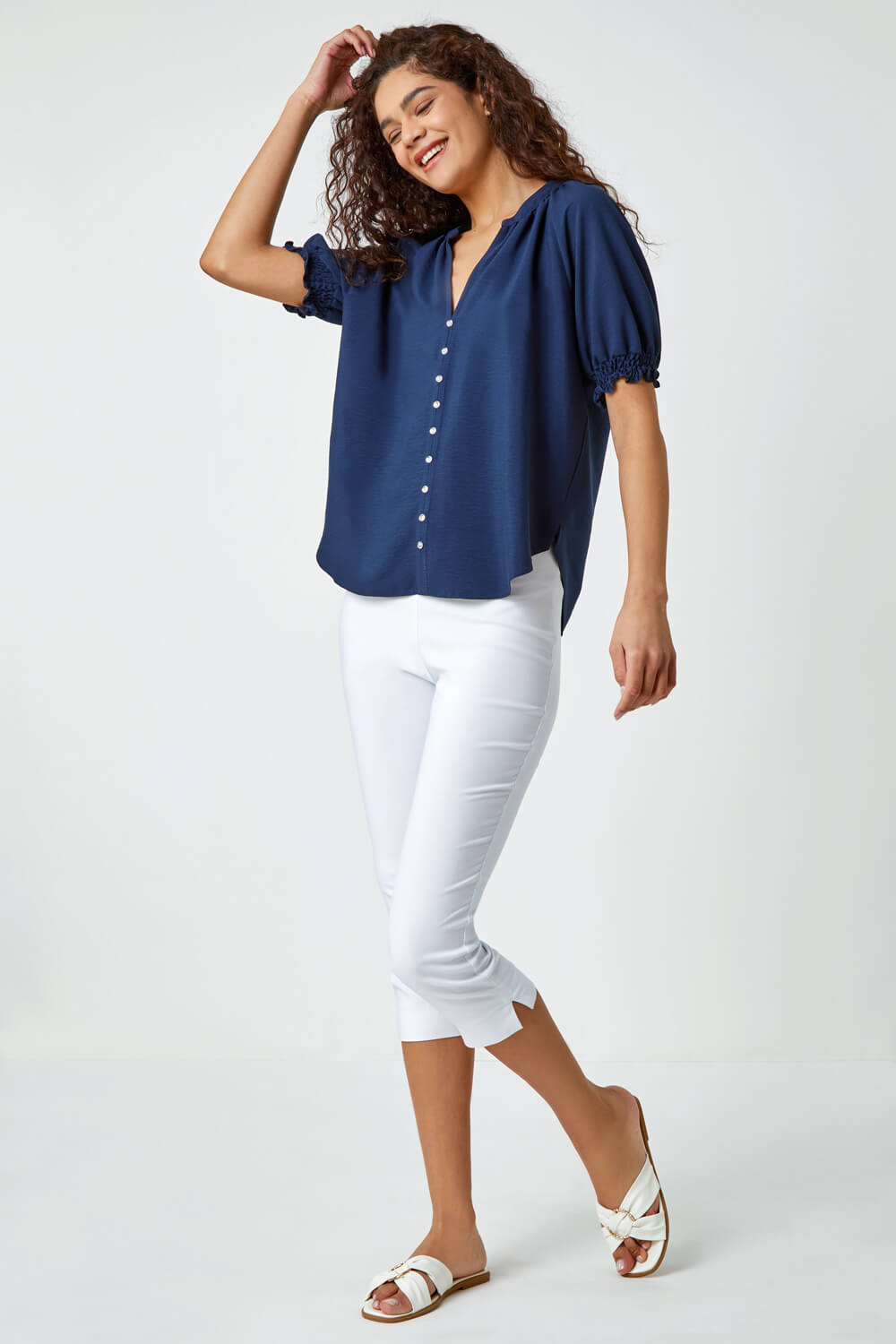 Navy Puff Sleeve Button Up Detail V-Neck Blouse, Image 5 of 5