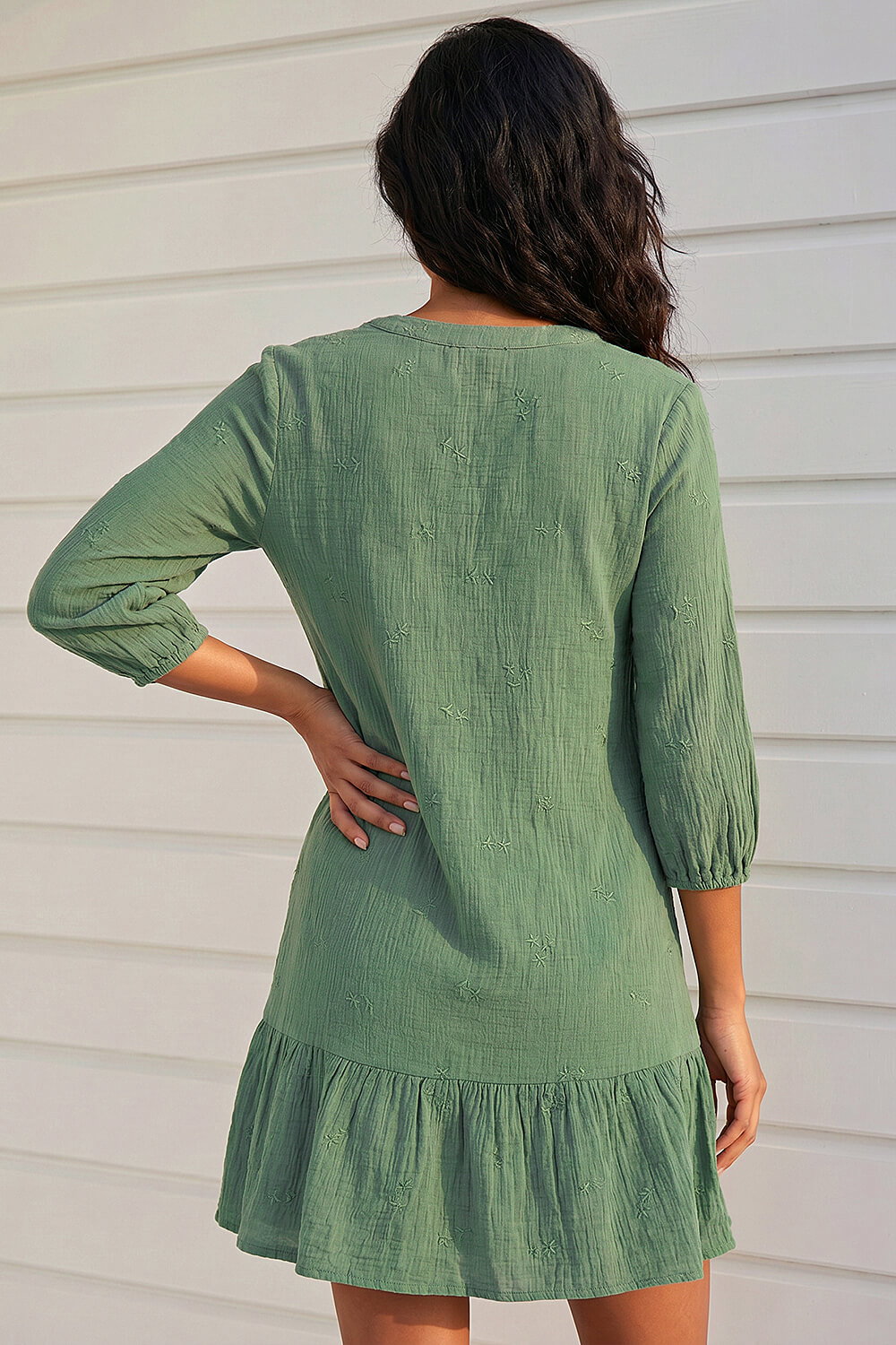 Khaki Textured V-Neck Smock Dress, Image 4 of 4