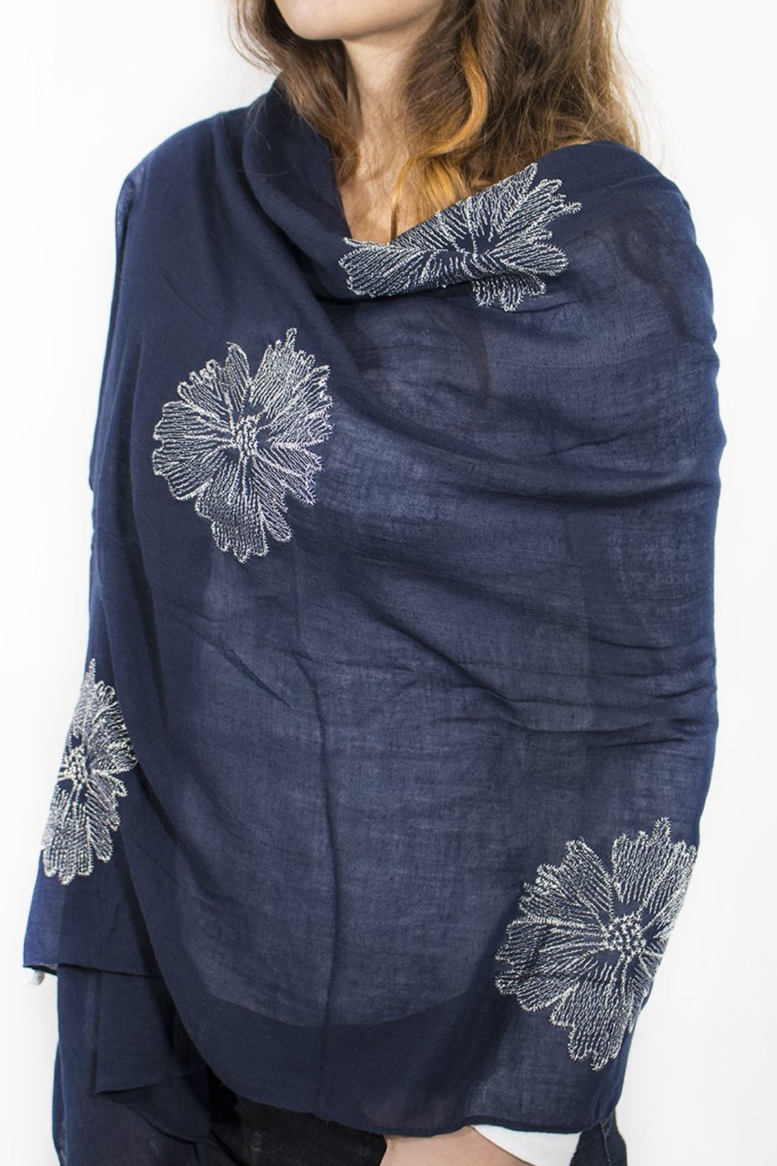 Navy Blue Embroidered Floral Lightweight Scarf, Image 2 of 3