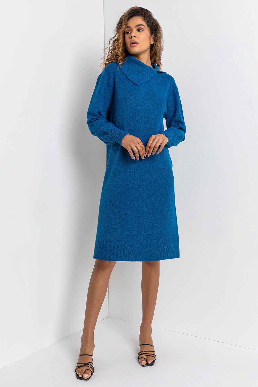 Teal Split Neck Ribbed Knit Dress, Image 4 of 4