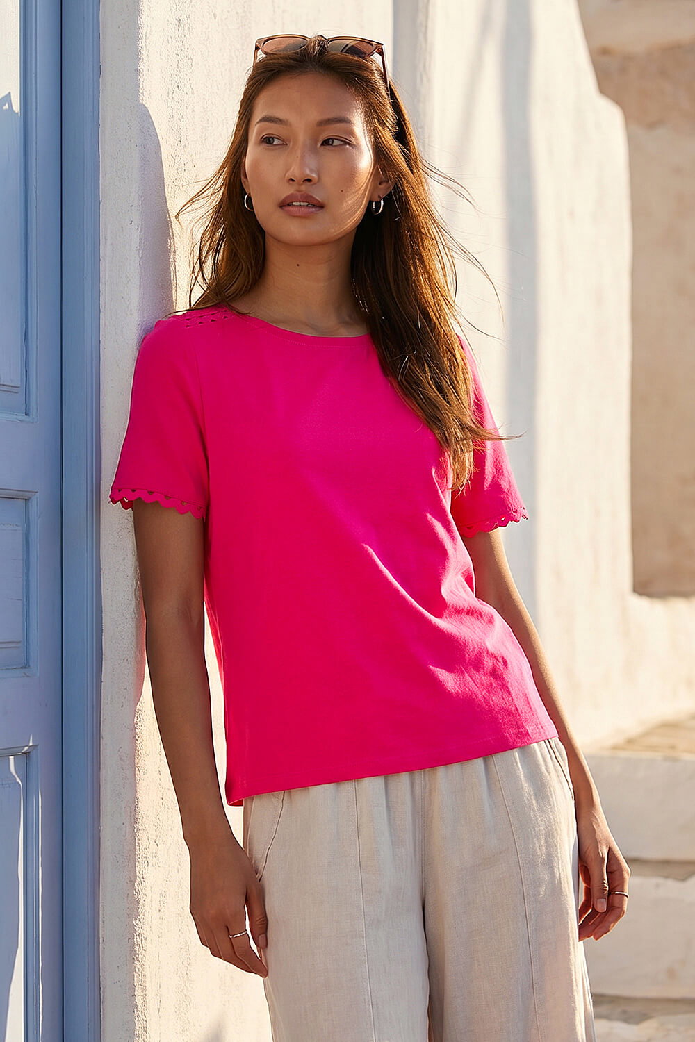 Pink Cotton Ric Rac Detail T-Shirt, Image 3 of 4
