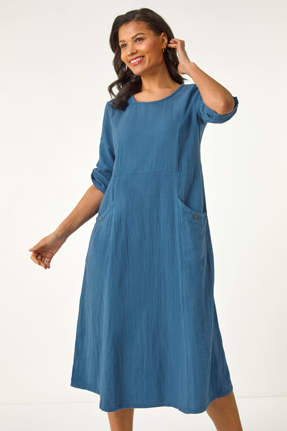 Blue Textured A-line Midi Dress, Image 3 of 5