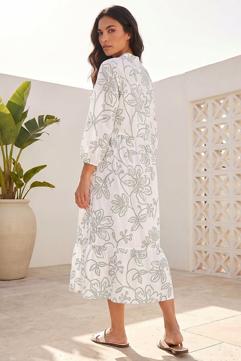 Khaki Floral Puff Print Buttoned Midi Dress, Image 3 of 4