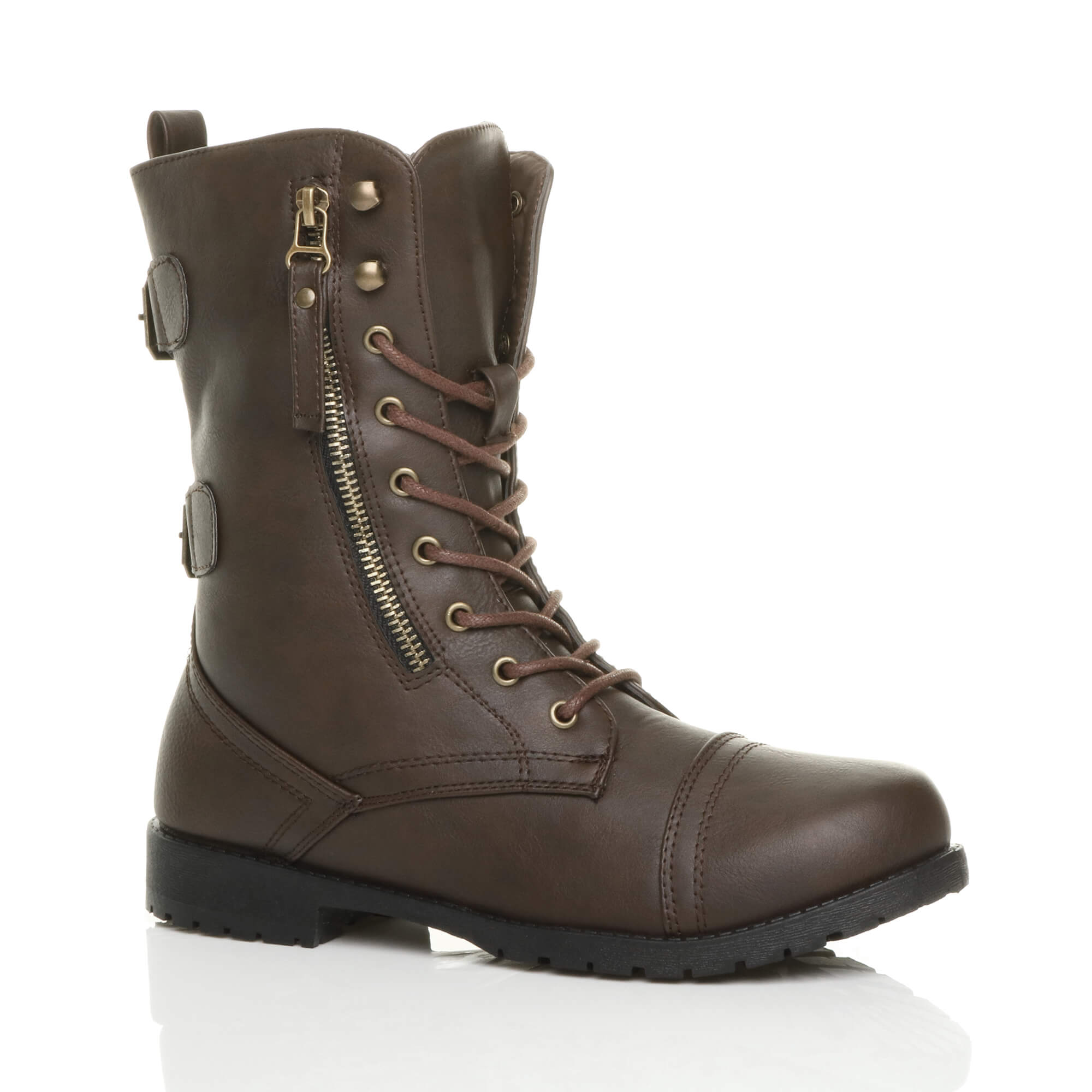 Black Lace Up Zips Military Biker Ankle Boots