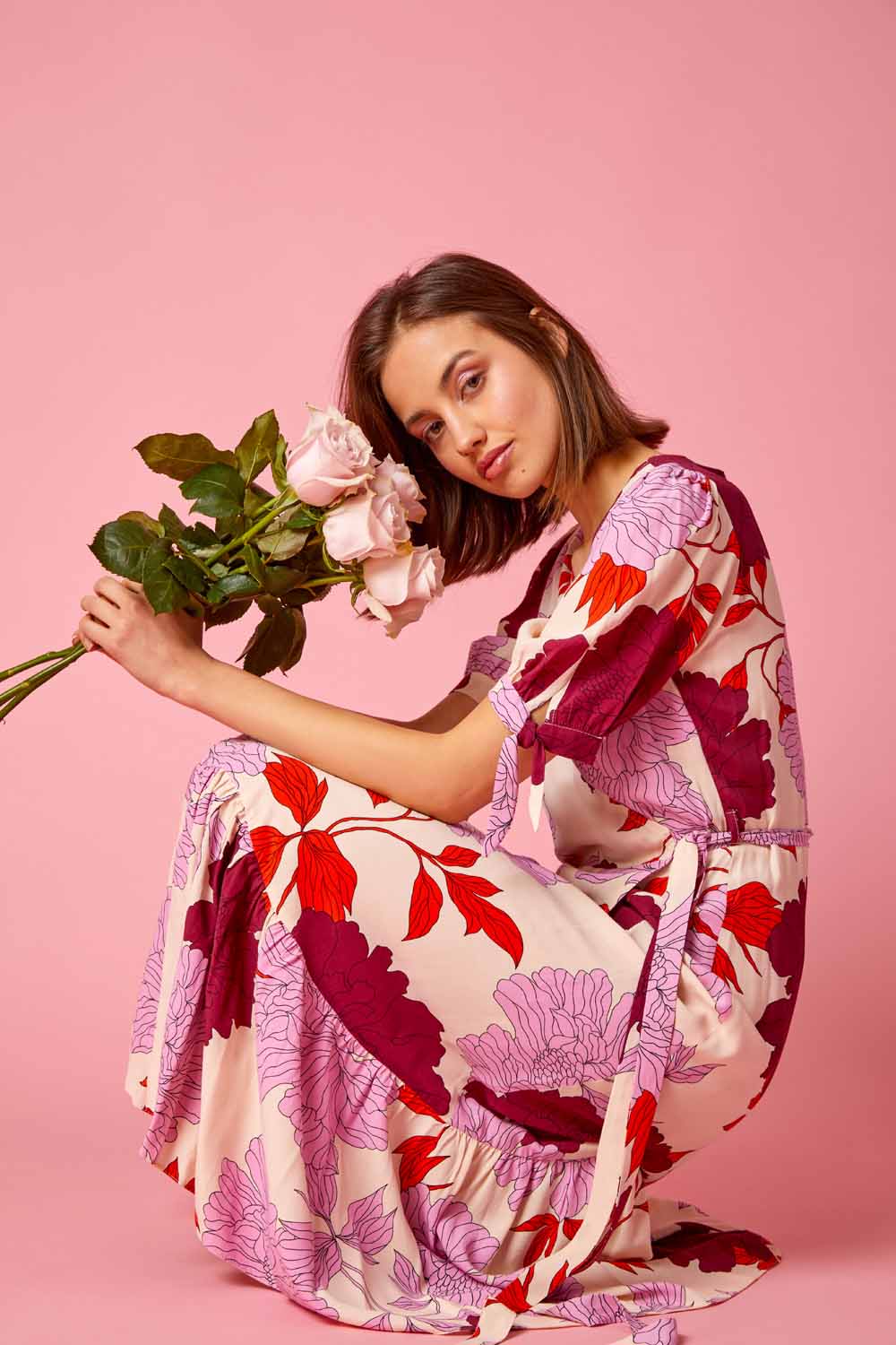 Mauve Floral Frill Hem Wrap Midi Dress, Image 3 of 6