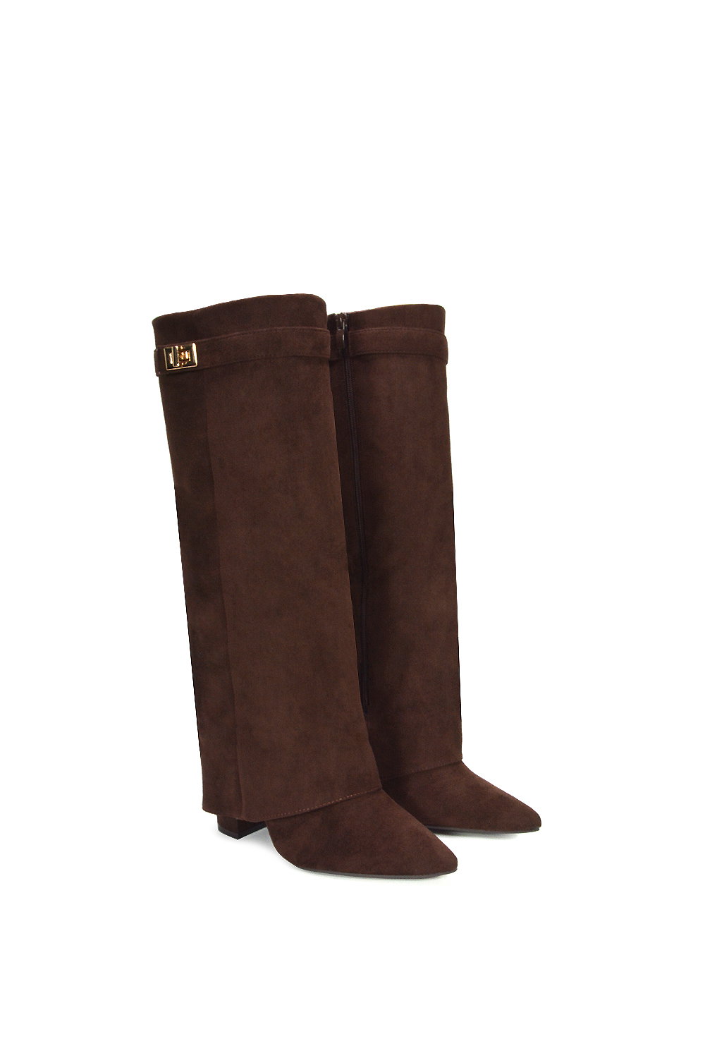 Chocolate XY LONDON Chocolate 'Rayna' Block Heel Knee High Foldover Boots With Pointed Toe, Image 3 of 5