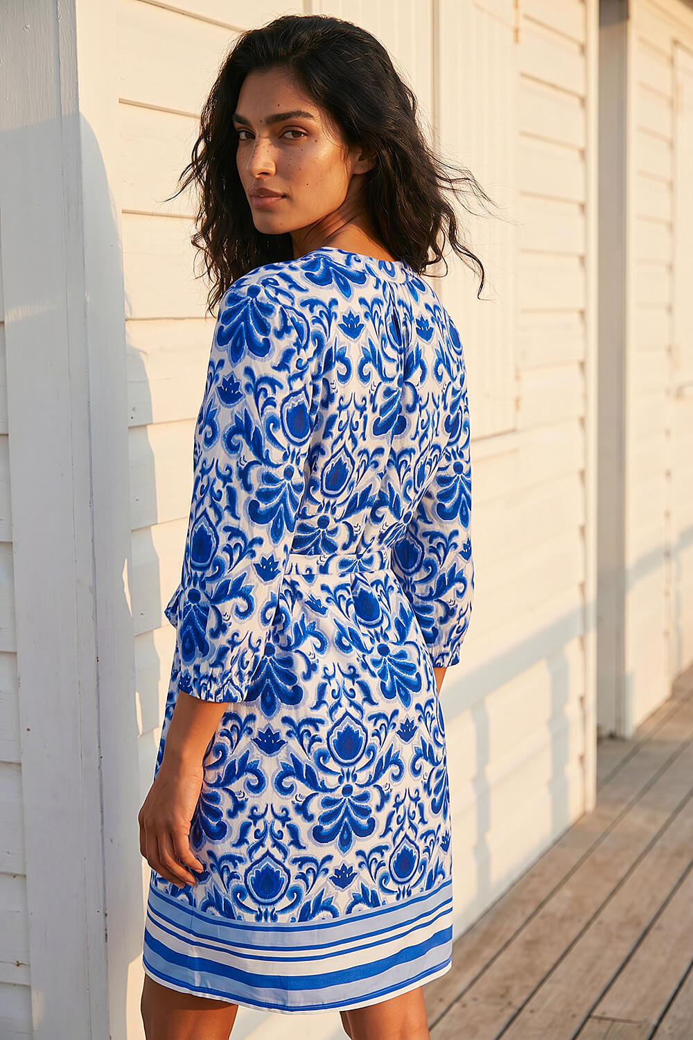 Royal Blue Abstract Border Print Shirt Dress, Image 4 of 4