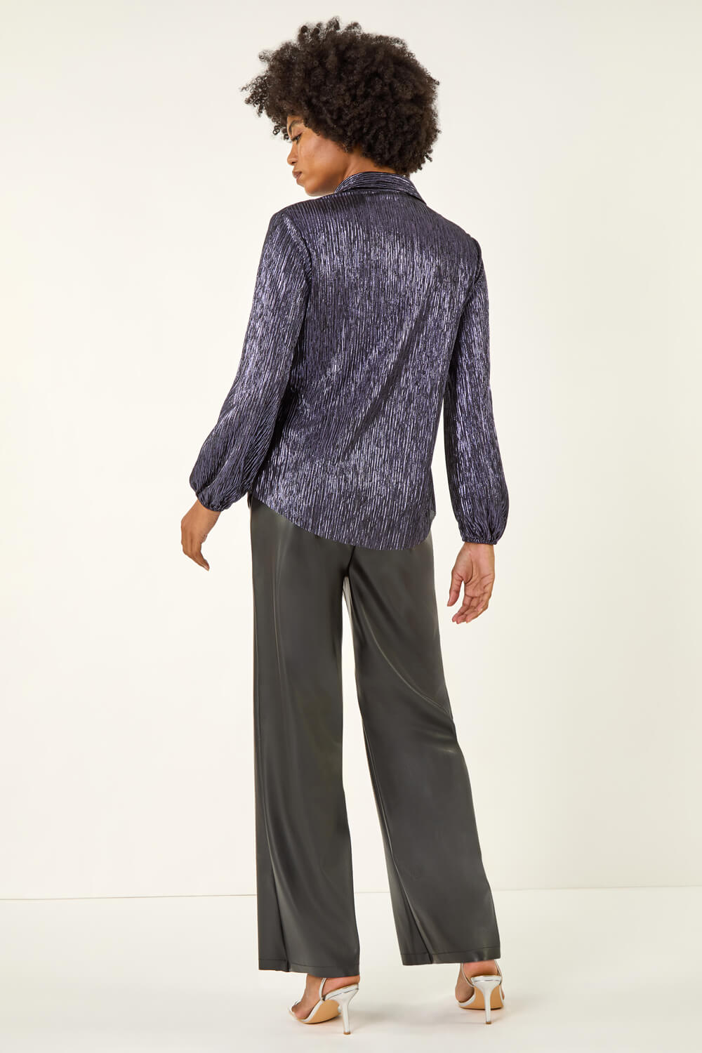 Midnight Blue Foil Plisse Button Through Blouse, Image 4 of 5
