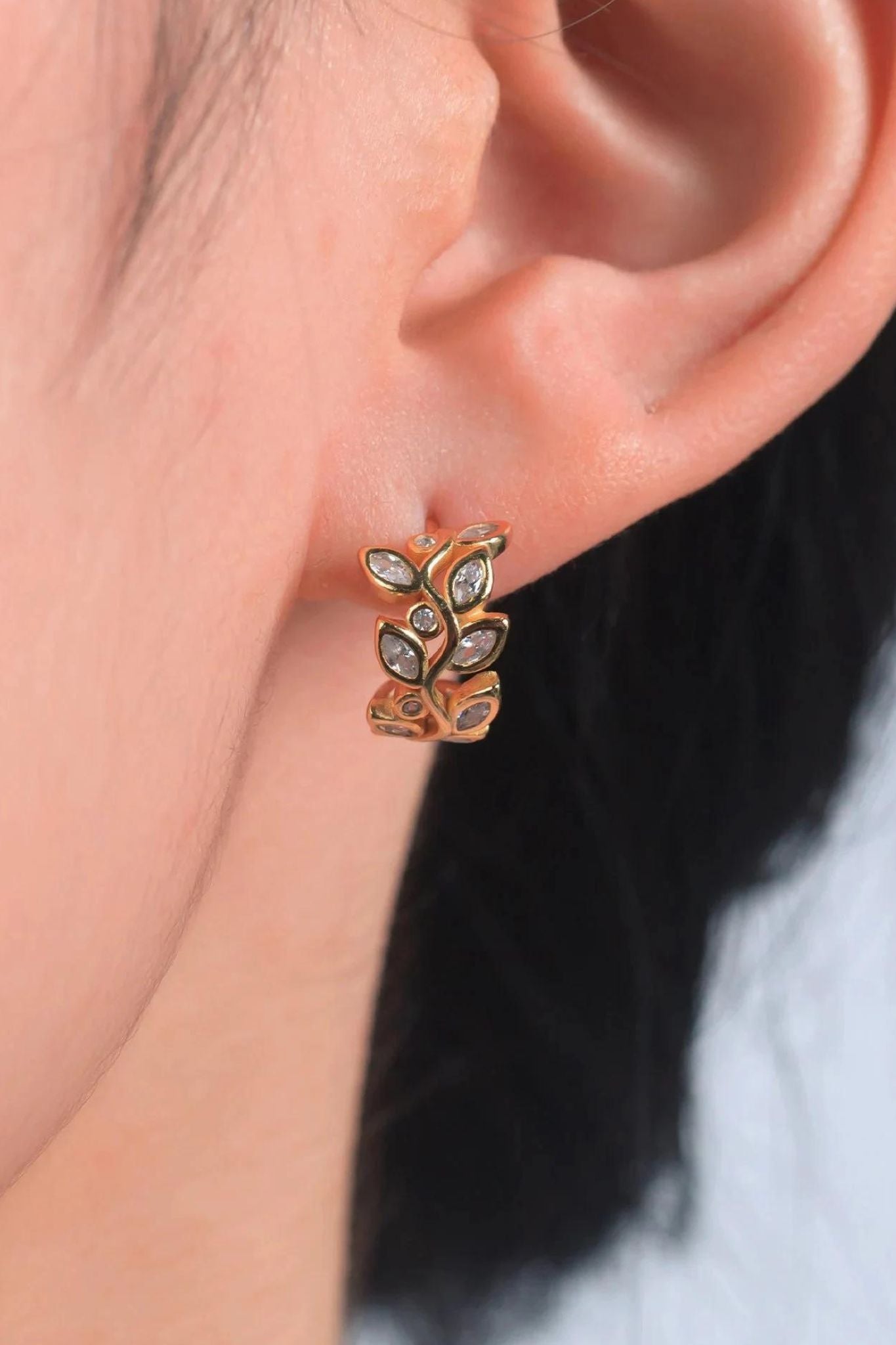 Gold Sterling Silver Olive Leaf CZ Sparkly Hoops, Image 2 of 3