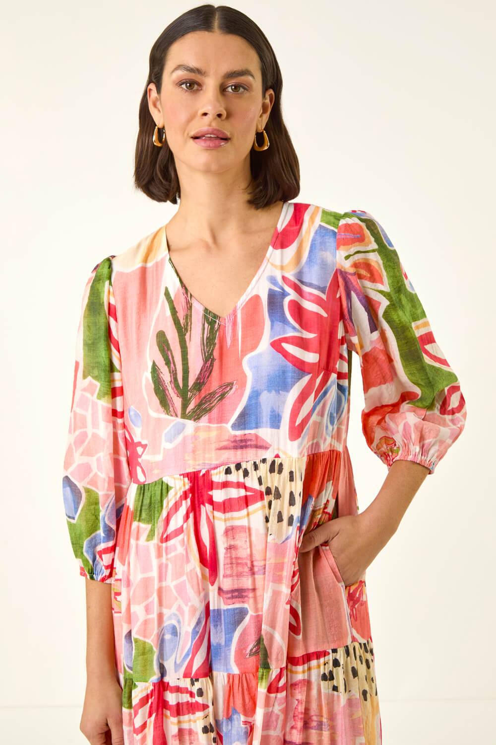 Red Abstract Print Tiered Dress, Image 5 of 5