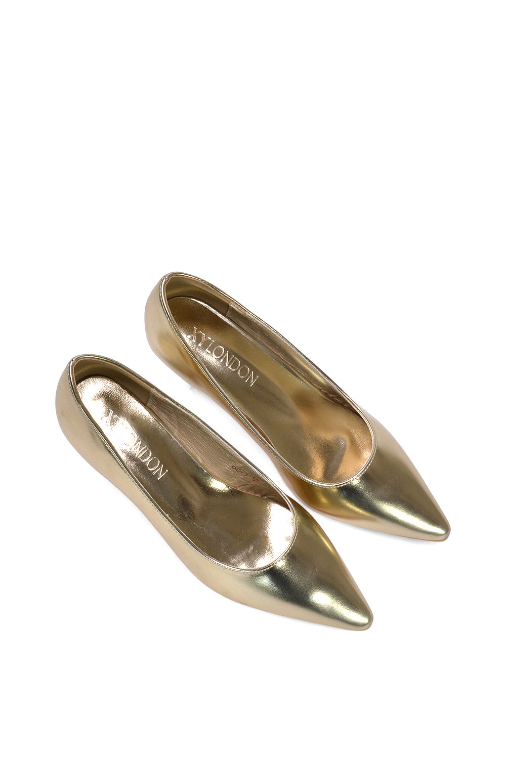 Gold XY LONDON Gold 'Cali' Pointed Toe Low Stiletto Kitten High Heel Court Shoes, Image 6 of 6