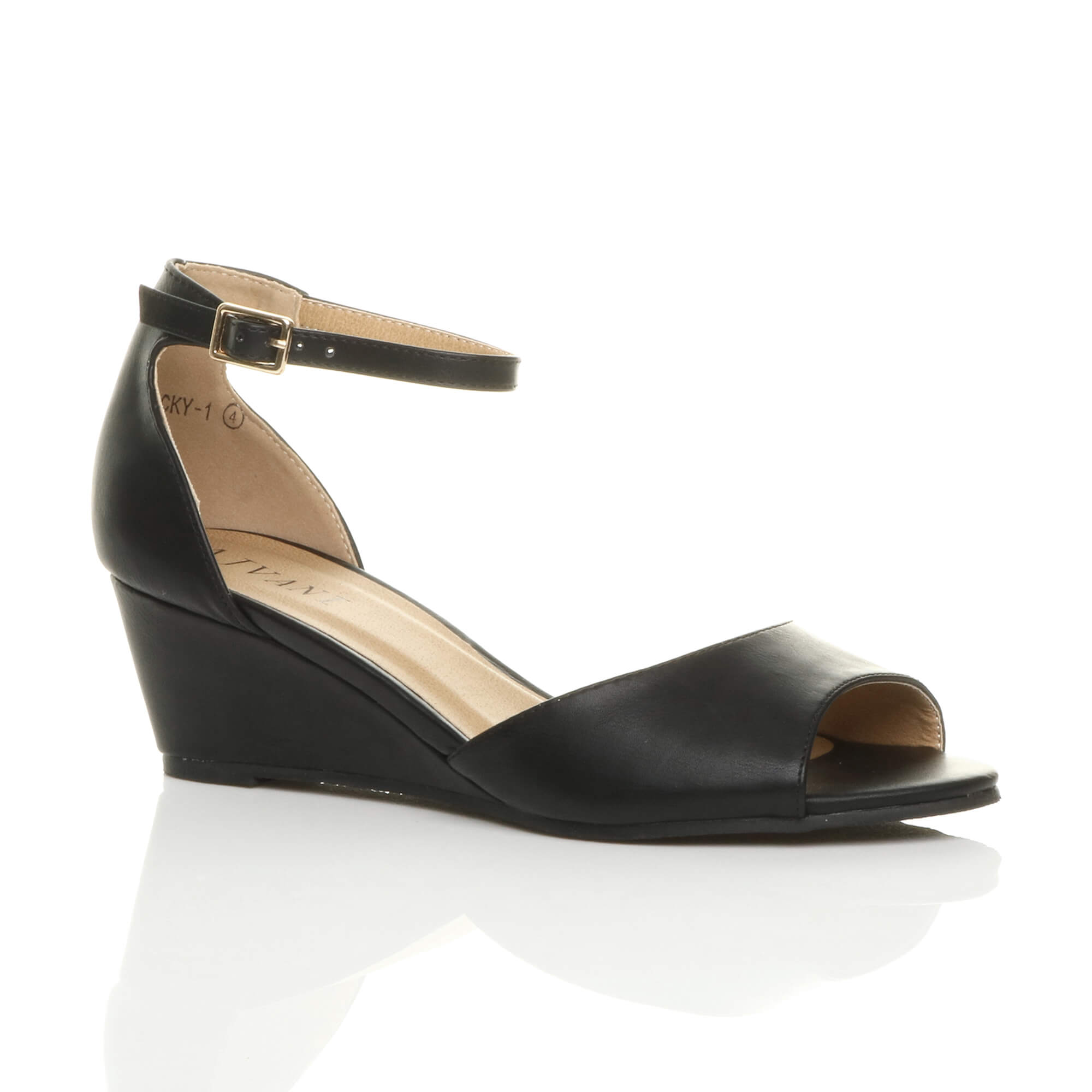 Black AJVANI Black Mid Wedge Heel Ankle Strap Sandals, Image 1 of 6