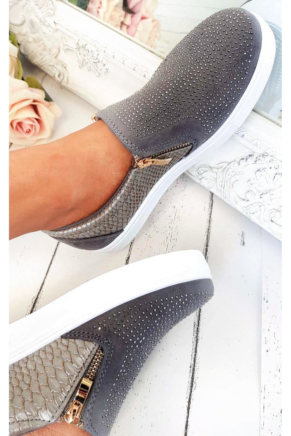 White iKrush White Leah Crystal Suede Zip Pumps Trainers, Image 6 of 6