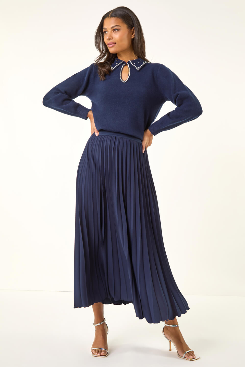 Navy Stitched Down Kick Pleat Extra Long Skirt main image 1
