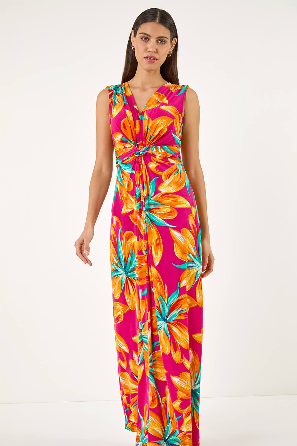 Fuchsia Floral Twist Front Stretch Maxi Dress , Image 3 of 5