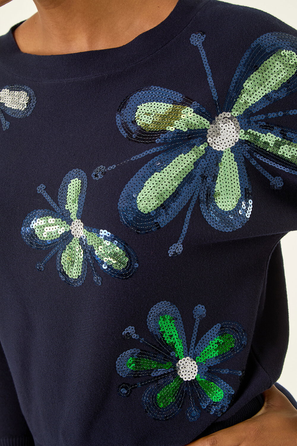 Navy  Sparkly Floral Knit Jumper, Image 6 of 5