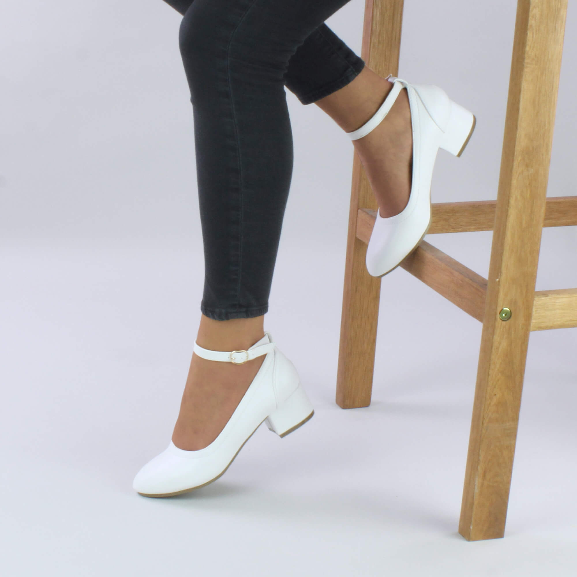 White AJVANI White Low Block Heel Ankle Strap Court Shoes, Image 5 of 6
