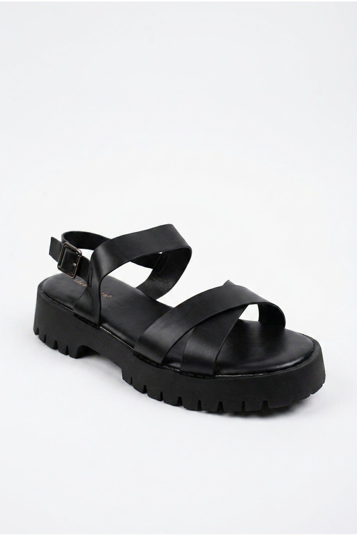 Black iKrush Black Edie Chunky Sole Crossover Strap Sandals, Image 2 of 5