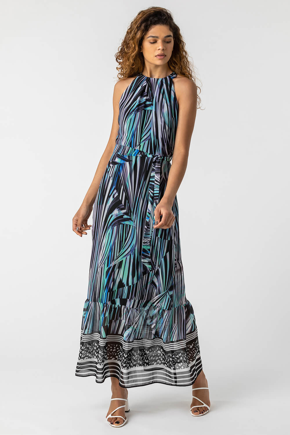 Roman Women's Blue Abstract Stripe Print Halterneck Dress - Size 18