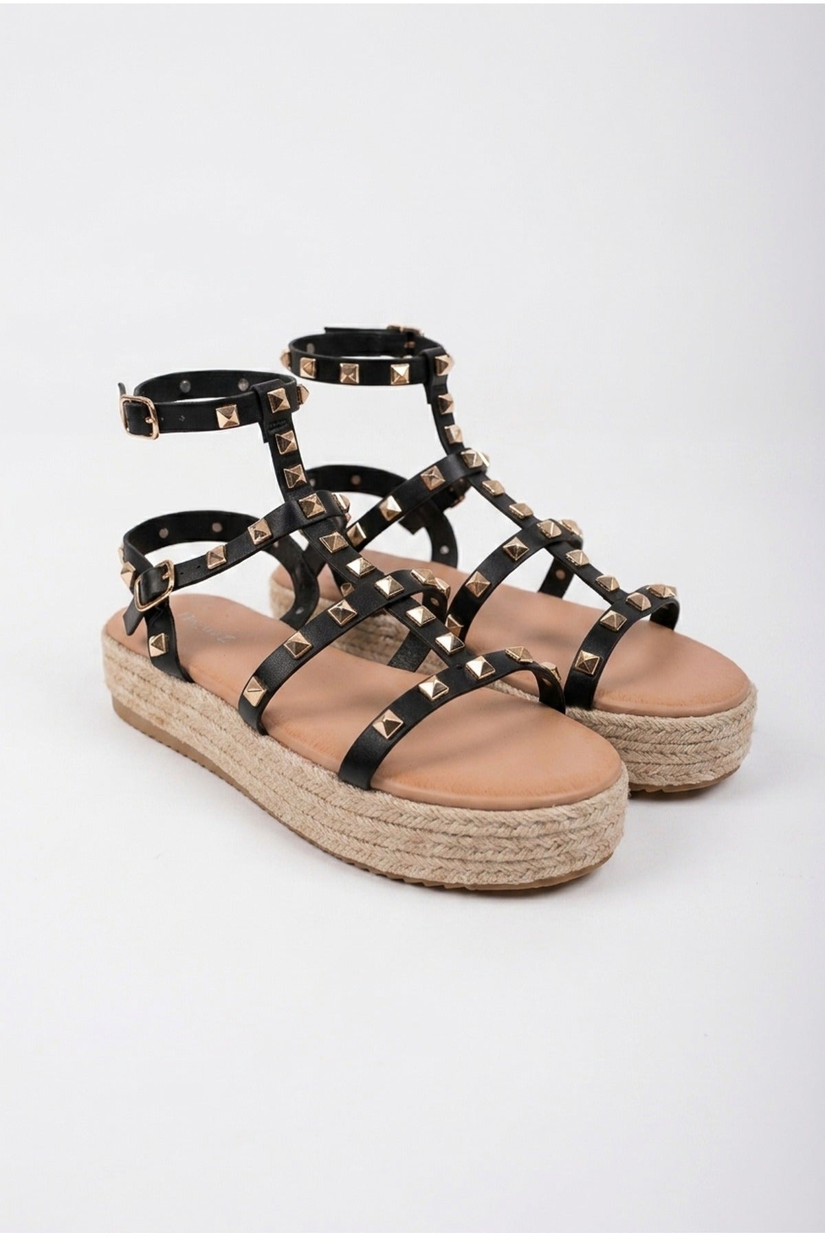 Black iKrush Black Wendy Studded Gladiator Flatform Espadrille Sandals, Image 2 of 6