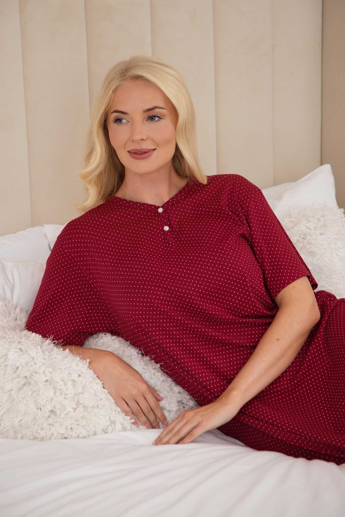 Burgundy Camille Lingerie Burgundy 100% Cotton Full Length Short Sleeved Nightdress, Image 4 of 5