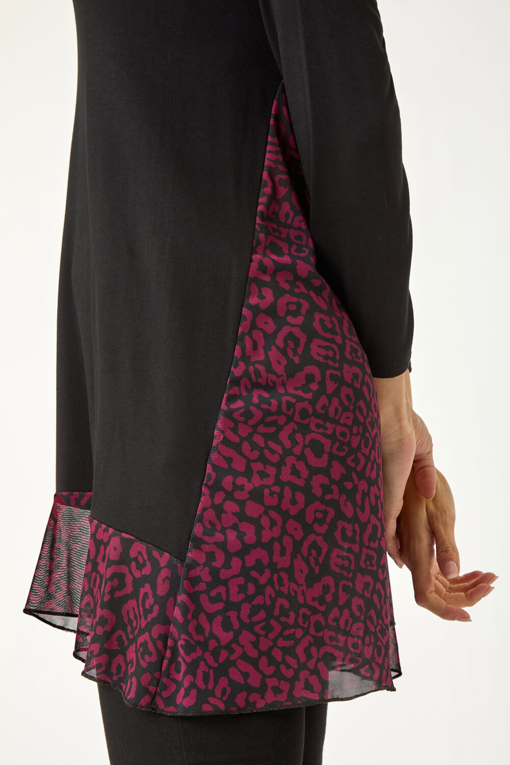 Wine Animal Print Contrast Mesh Hem Stretch Top, Image 6 of 5