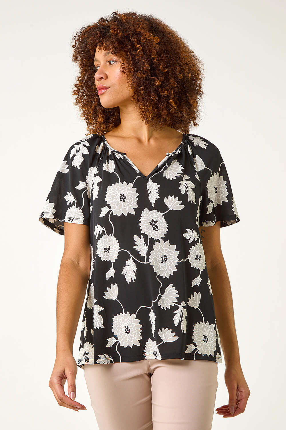 Black Textured Floral Print V-Neck Stretch Top, Image 5 of 5