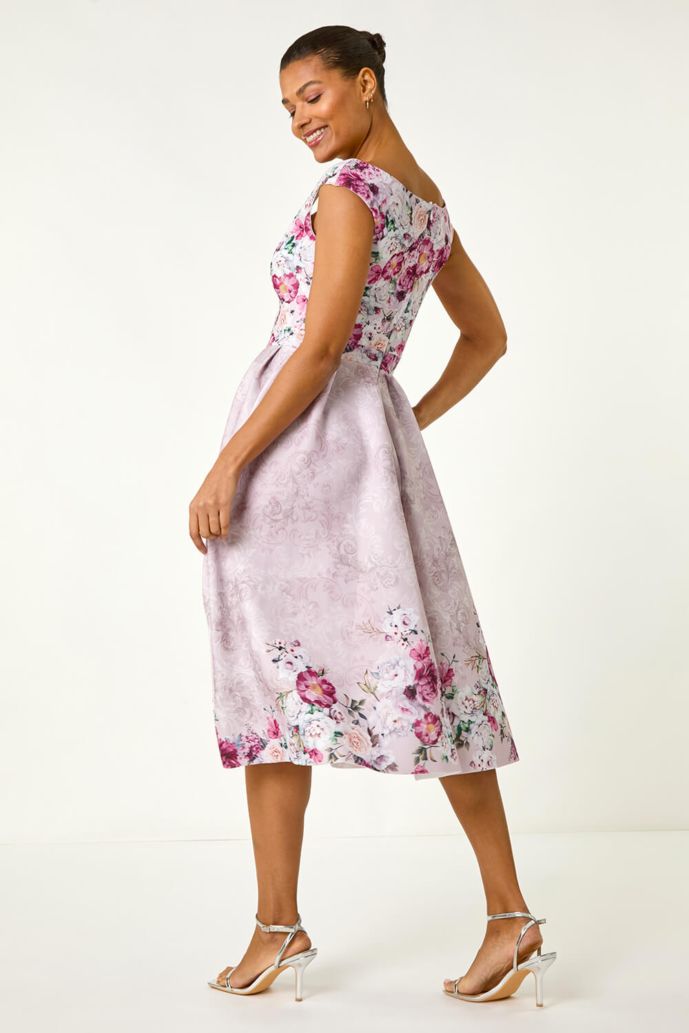 Pink Sweetheart Neck Floral Premium Stretch Midi Dress, Image 4 of 5