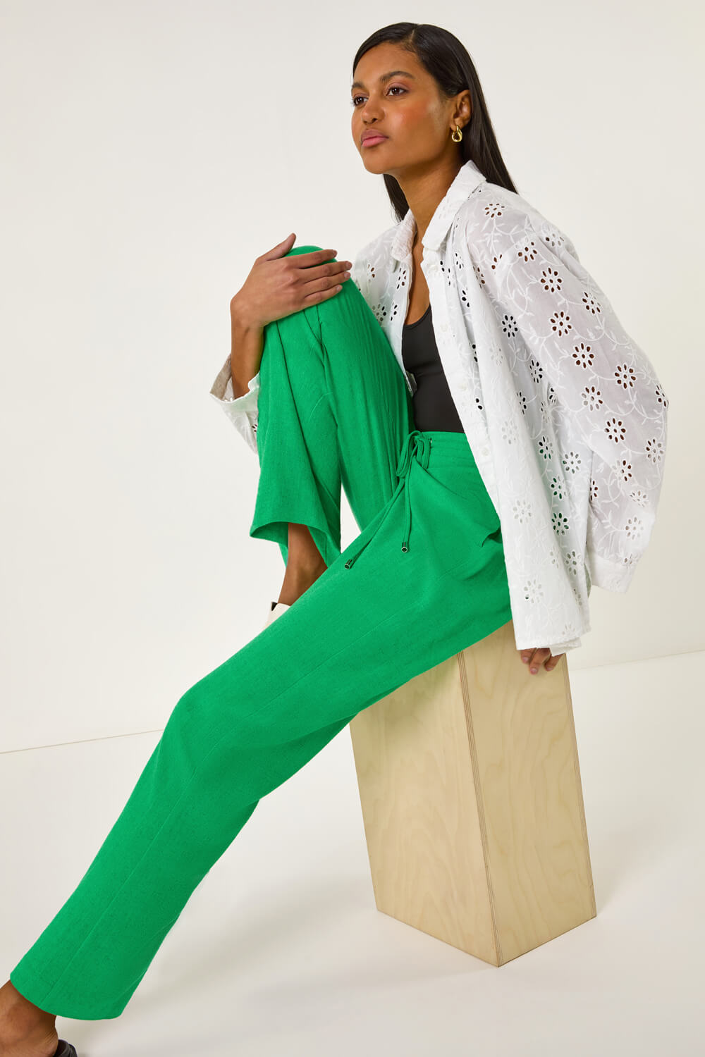 Green Elastic Waist Tie Waist Linen Blend Trouser, Image 1 of 7