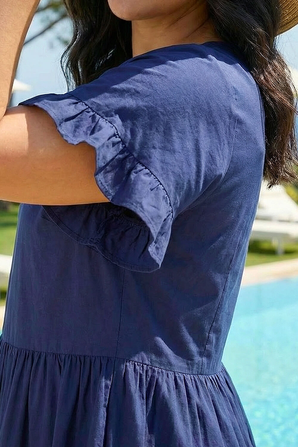 Navy Curve V-Neck Frill Dress, Image 5 of 4