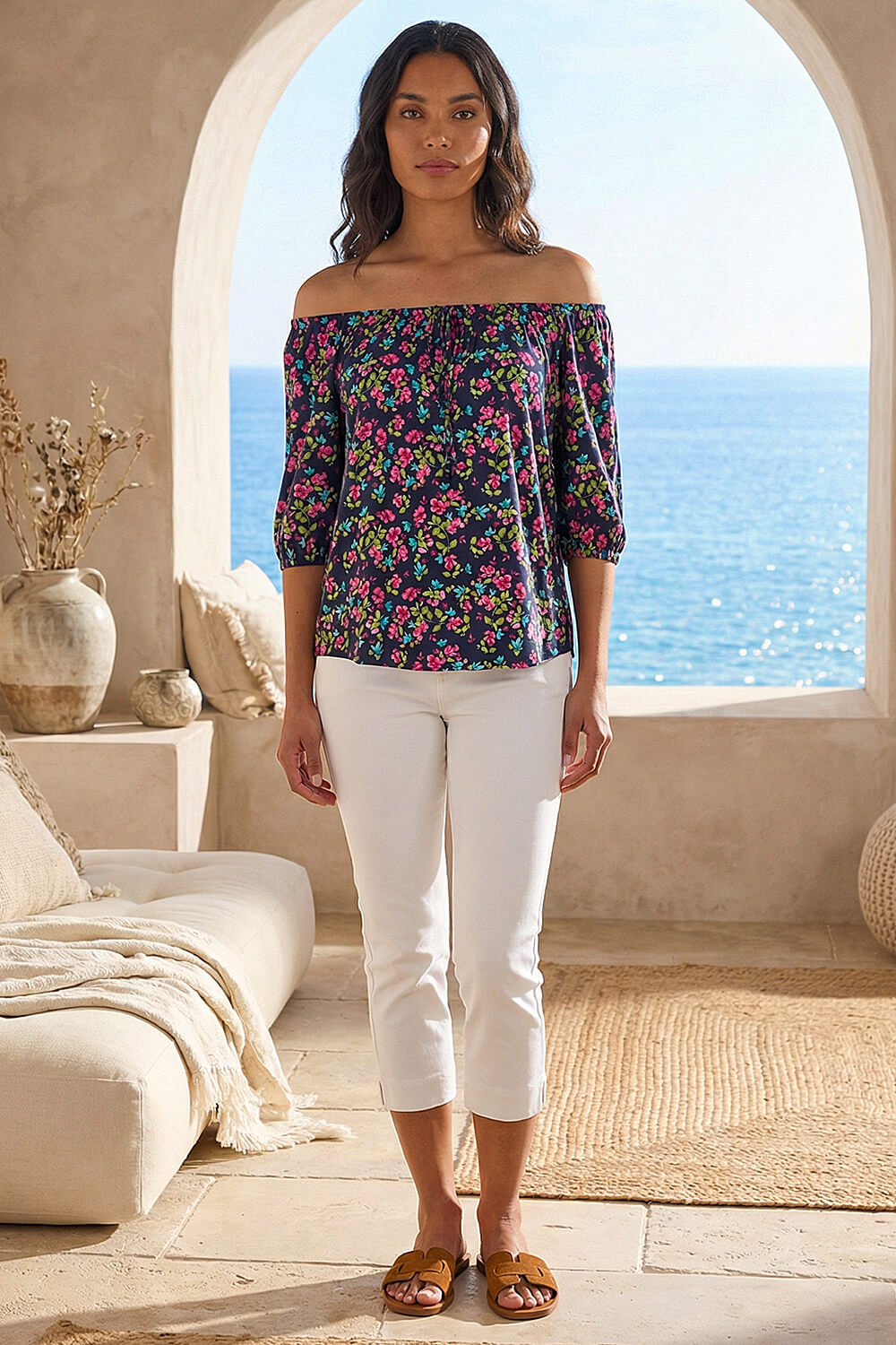 Pink Floral Print Stretch Bardot Top, Image 3 of 4