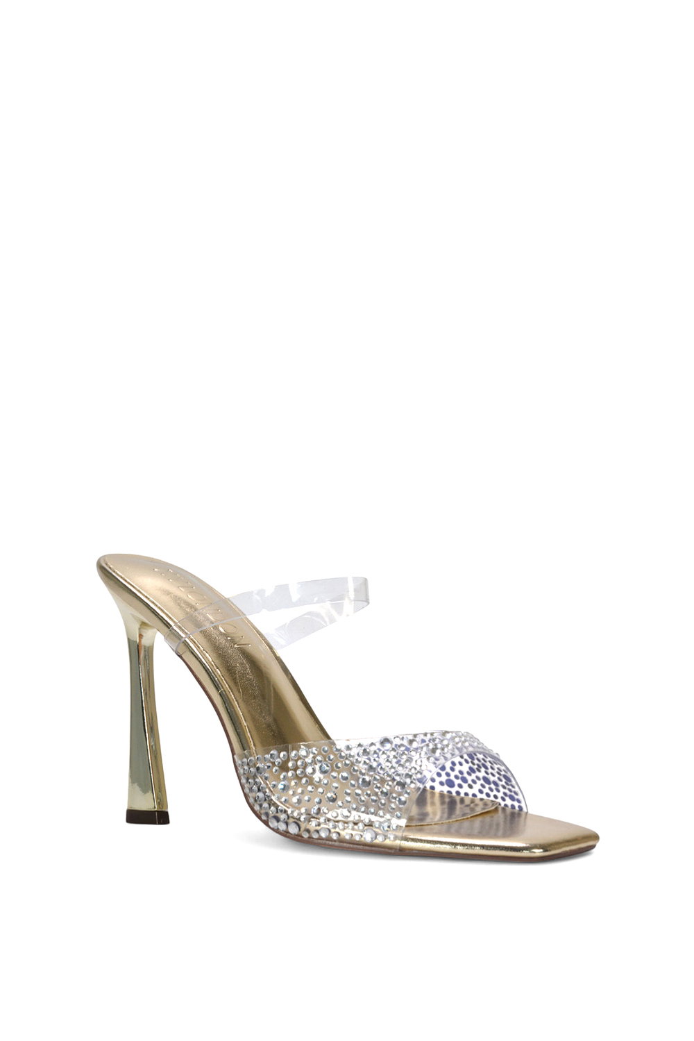Gold XY LONDON Gold 'Lois' Square Open Toe Rhinestone Perspex High Heeled Mules, Image 2 of 5