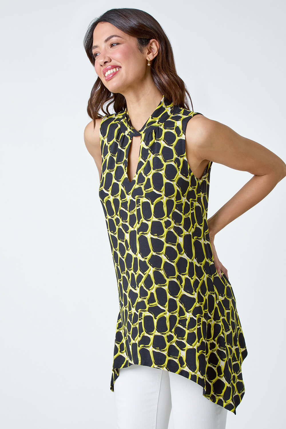 Yellow Spot Print Twist Neck Top, Image 3 of 5