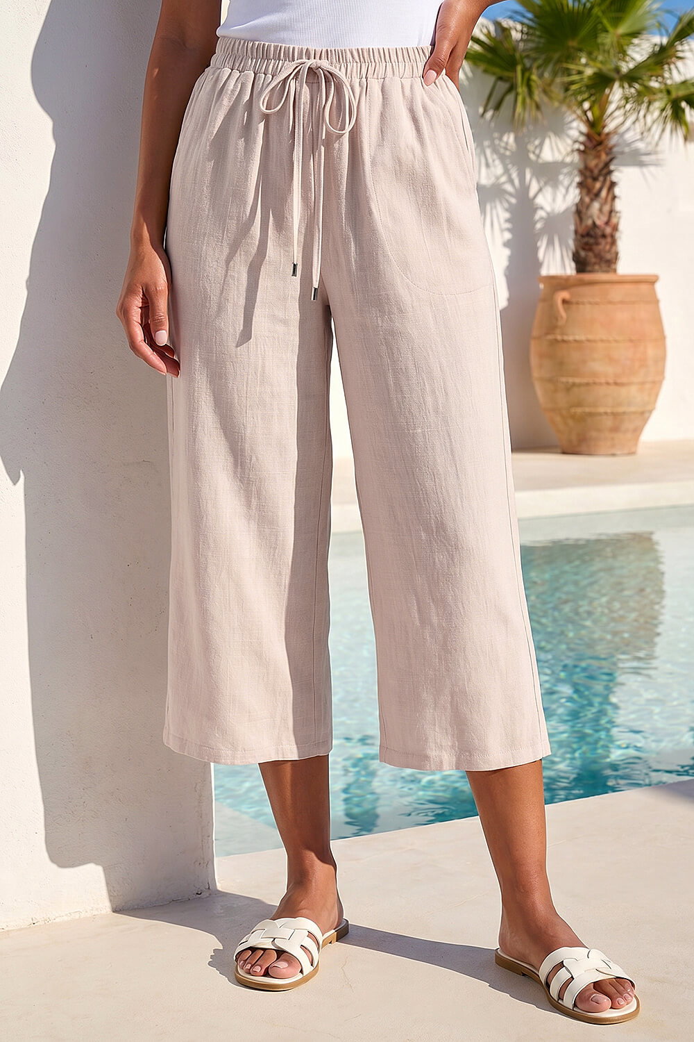 Stone Petite Linen Blend Wide Cropped Trousers, Image 3 of 4