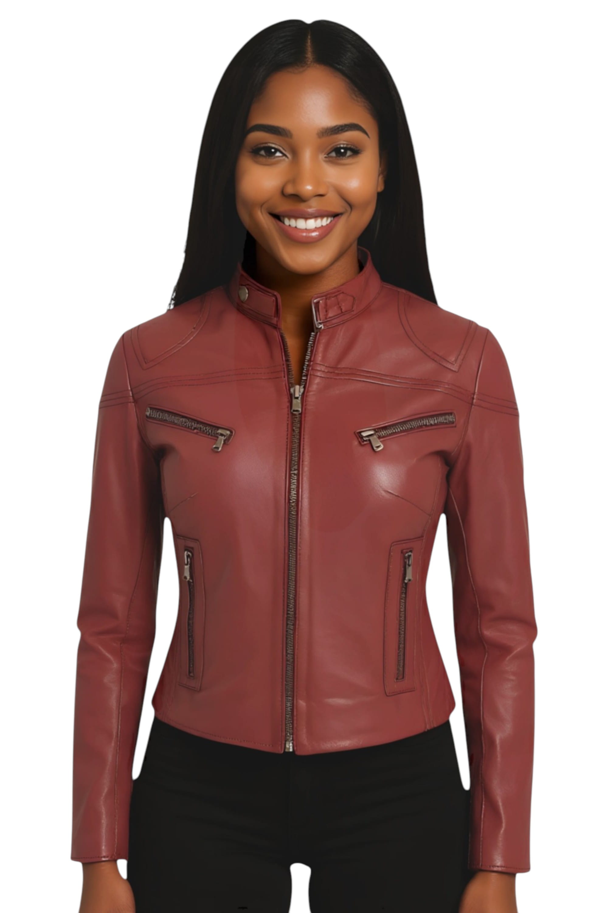 Burgundy Slim-Fit Leather Biker Jacket-Tulsa, Image 1 of 7