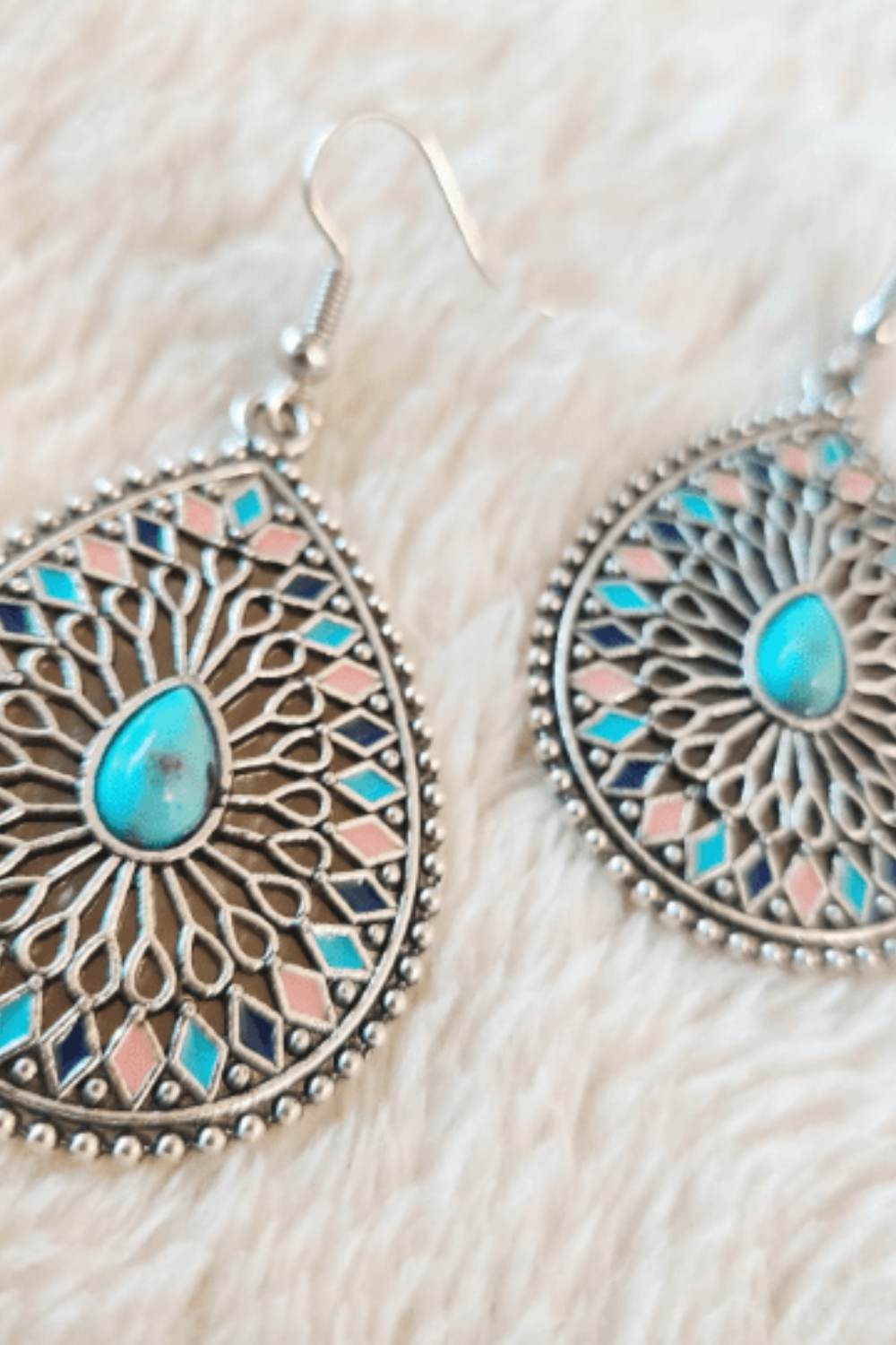 Blue Large Mandala Floral Turquoise Enamel Boho Teardrop Dangler, Image 2 of 3